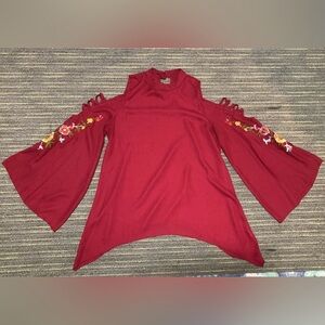 Red Cold Shoulder Top with Floral Embroidery